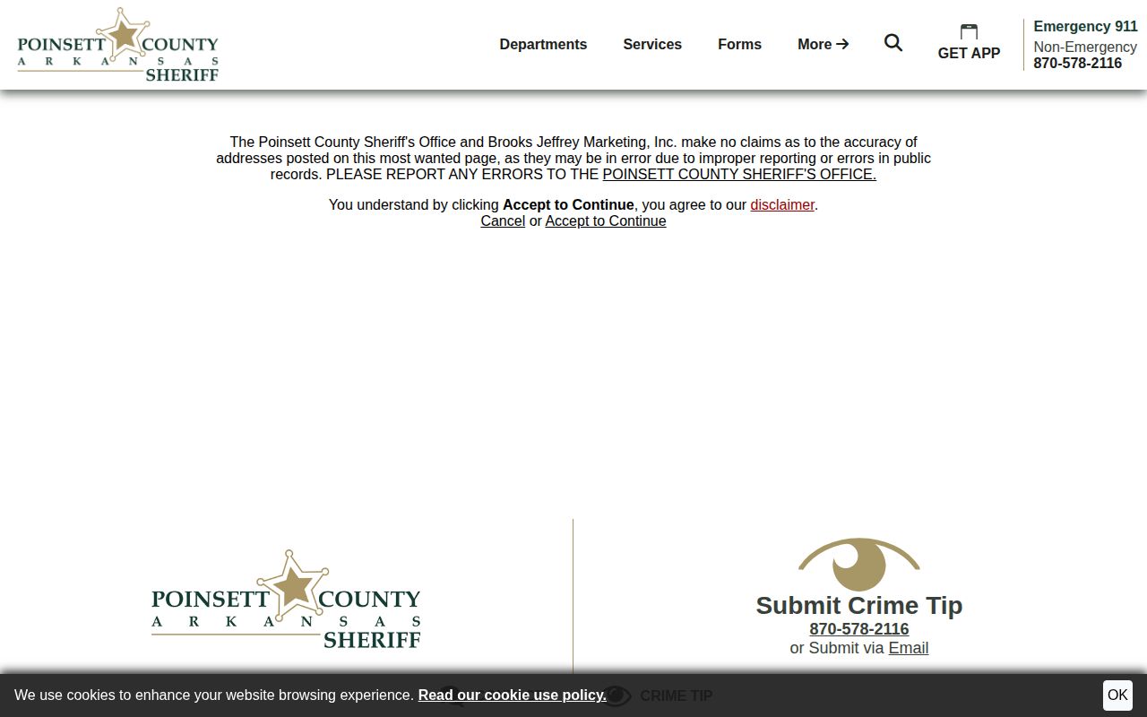 Poinsett County Sheriff's Office most wanted disclaimer