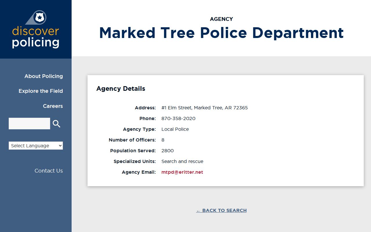 Marked Tree Police Department agency source for arrest record contact research