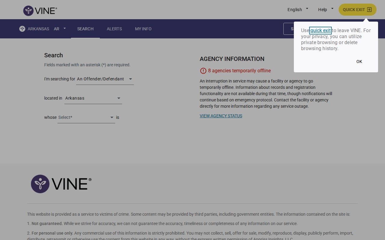 Arkansas VINELink Poinsett County arrest custody search screen