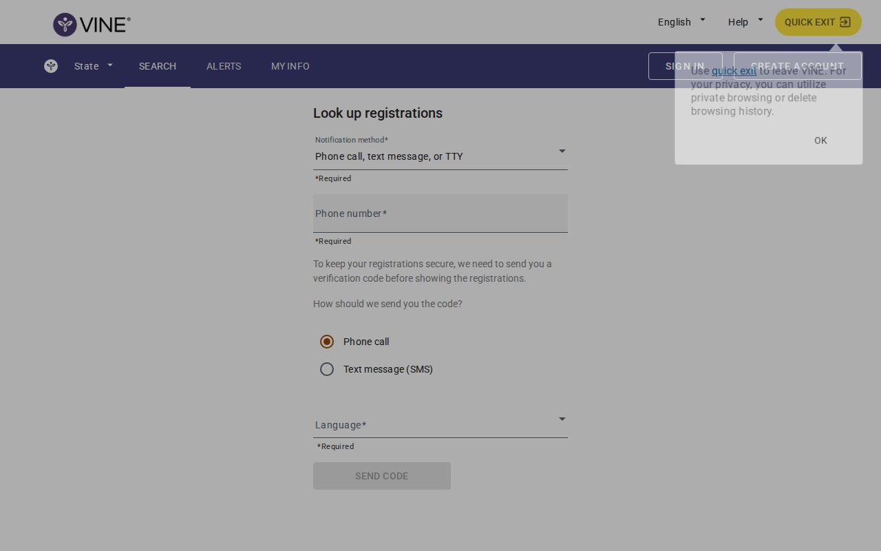 VINELink registration screen for Poinsett County custody alerts